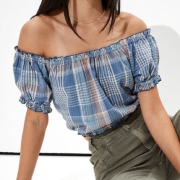 AEO 🦅 Off Shoulder Plaid Puff Sleeve Crop Top - Picture 2 of 15